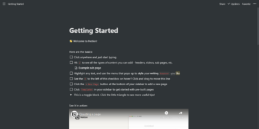 Das Beitragsbild für den Artikel zeigt einen Screenshot der "Getting Started"-Seite in einem neuen Notion-Account.
